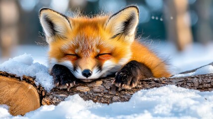 Sleeping fox in winter wonderland forest wildlife photography snowy environment close-up view nature's serenity