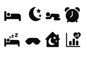 Sleep Icon Set. Sleep and recovery. Filled icon set of sleep and recovery: bed icon, moon and stars, sleeping
