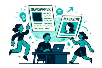 Fototapeta premium Vibrant Media Landscape. Print media. A newspaper, magazine, and glowing articles floating above a desk,