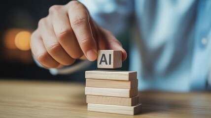 Hand placing ai block on top of wooden tower symbolizing development
