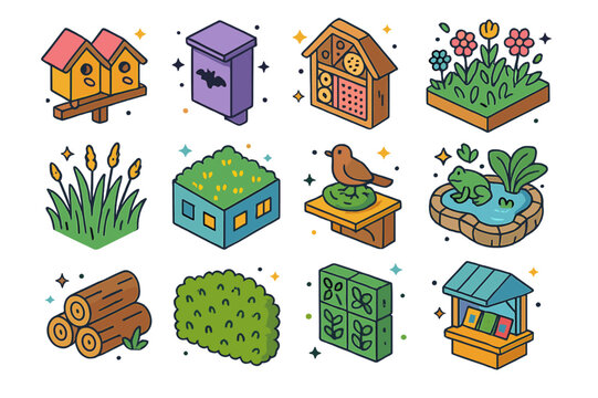 Urban Biodiversity Icons. Urban biodiversity habitats. Colorful isometric vector icons set of Urban biodiversity habitats: birdhouse row, bat roost box, insect