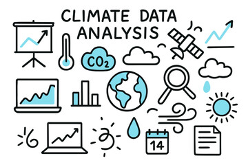 Climate Data Doodle. Climate data analysis. Hand-drawn doodle illustration climate data analysis [chart board (accented), graph (accented), thermometer