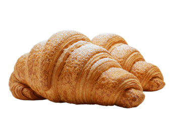 Two perfectly baked golden-brown French croissants, flaky and dusted with powdered sugar, isolated on a seamless transparent background with copy space, concept for bakery advertising