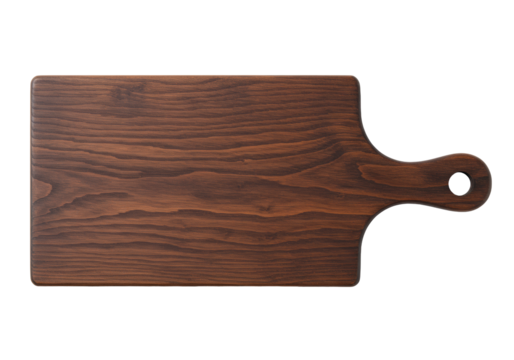 Dark brown wooden cutting board, rectangular, rounded handle, natural wood grain, top-down on transparent background with soft shadow and copy space, concept of kitchen elegance