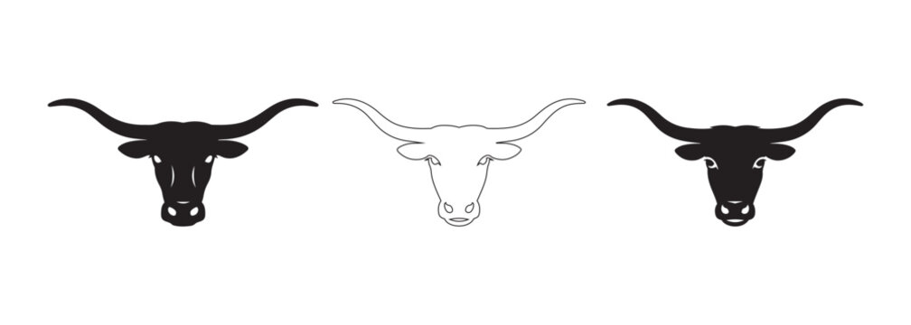 Texas Longhorn Bull Head Icon Set: Solid Black and Outline Vector