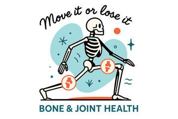 Obraz premium Fluid Motion Skeleton. Bone & Joint Health. A stylized skeleton frame moves gracefully through a lunge; floating icons highlight knees and hips. Text ?Move it