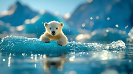 Polar bear cub playing on iceberg arctic ocean wildlife photography serene environment close-up view nature's beauty
