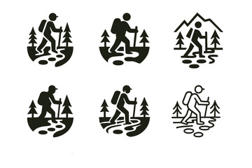 Fototapeta premium Trekking Logo Icons. Trekking in remote and unexplored areas. Set Logo of Trekking in remote and unexplored areas: river crossing with stepping stones. Icon