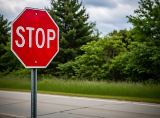 Red traffic stop sign by wooded roadside.