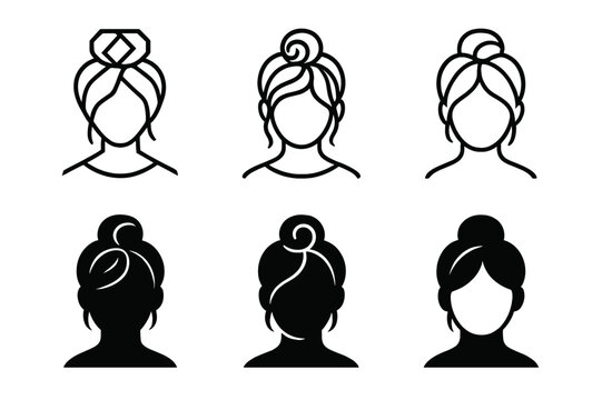 Messy Bun Logo Guide. Hairstyle step-by-step guide poster. Set Logo of hairstyle step-by-step guide poster: messy bun tutorial frames. Icon set. harmonious