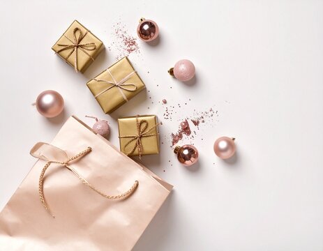 Gift bag with gold presents and pink ornaments on white background.