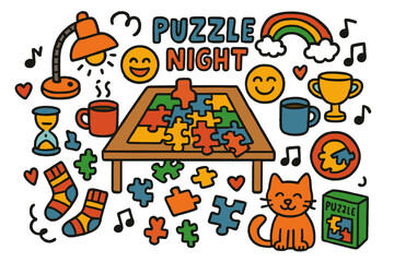 Fototapeta premium Cozy Puzzle Night. Puzzle night. Colorful Hand-drawn doodle Children illustration Puzzle night jigsaw pieces, table, lamp, mugs, laughing faces, cat, timer,