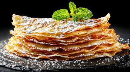 Stack of thin golden crepes dusted with powdered sugar and garnished with fresh green mint leaves on a slate plate with dark background for breakfast or dessert