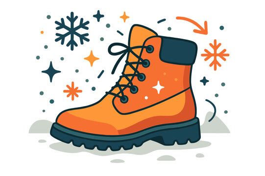 Winter Fashion Illustration. Boot. Snow boots on snowy background with abstract floating snowflakes, icons, and sparkles; conveys winter, warmth, and outdoor