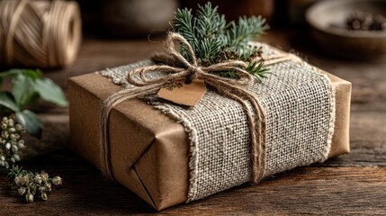 Rustic eco-friendly Christmas gift wrapped in kraft paper and burlap with pine sprigs and twine on wooden table Generative AI