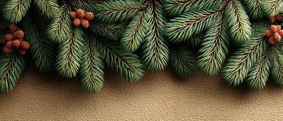 Fir tree branches with small pine cones arranged over textured brown background in festive holiday composition Generative AI
