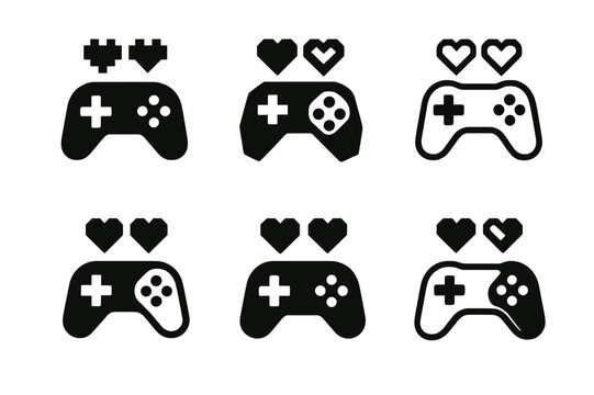 Gaming Logo Variations. Fan conventions and cosplay events. Set Logo of gaming corner: game controller with pixel hearts. Icon set. harmonious logo variations