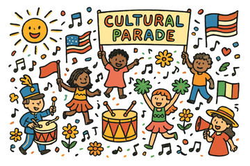 Vibrant Cultural Parade. Cultural parade. Colorful Hand-drawn doodle Children illustration Cultural parade flags, drums, costumes, marching band, banners,
