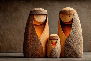 Minimalist wooden nativity scene with abstract carved figures of Mary, Joseph, and baby Jesus on dark background Generative AI