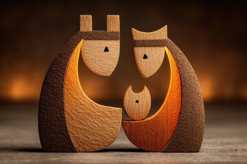Minimalist wooden nativity scene with abstract carved figures of Mary, Joseph, and baby Jesus on dark background Generative AI