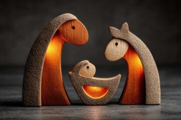 Minimalist wooden nativity scene with abstract carved figures of Mary, Joseph, and baby Jesus on dark background Generative AI