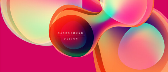 Abstract fluid shapes overlap, creating vibrant pink, orange, yellow gradients. Modern design features text background design within central circle.