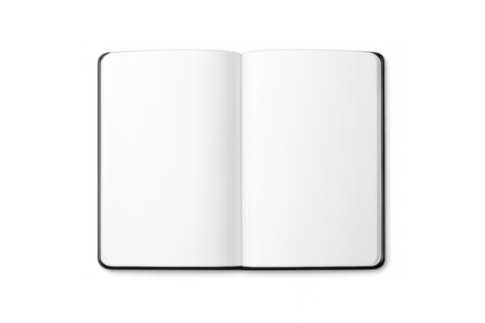 Open blank notebook with empty white pages for copy space, isolated on a transparent background