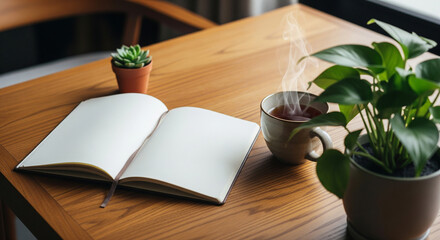 Green Plant and Hot Herbal Tea with Notebook