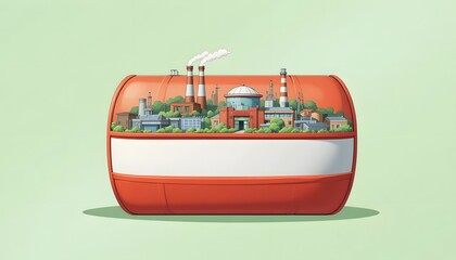 Obraz premium Vibrant industrial cityscape contained within a modern orange capsule, symbolizing industry and innovation contained within a new era
