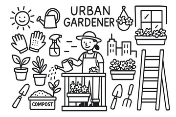 Urban Gardening Essentials. Urban gardener. Hand-drawn doodle illustration urban gardener balcony plants, watering can, gloves, spray bottle, pot, shovel,