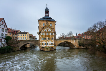 View of the Old Town Hall and the Town Hall Bridge in Bamberg, Germany.