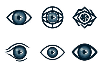 Fototapeta premium AI Eye Logos. AI realism. Set Logo of AI realism: photoreal eye with pixel aperture. Icon set. harmonious logo variations of the same emblematic concept, each
