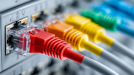 Ethernet cables with red, yellow, green, and blue connectors plugged into a network switch for data and internet connectivity in an organized server setup