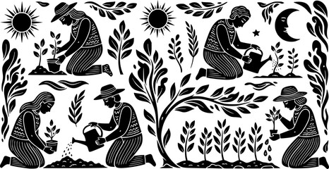 Tribal folk art scene of gardeners in blackwork style for nature design and decoration