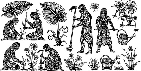 Tribal folk art scene of gardeners in blackwork style for nature design and decoration