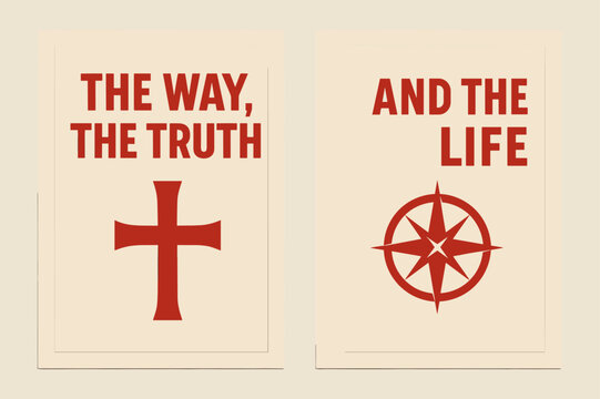 Truth and Way Banners. Truth and Way. Two vertical A6 banners with safe margins, centered composition, no elements touching edges, bold, red and beige, cross