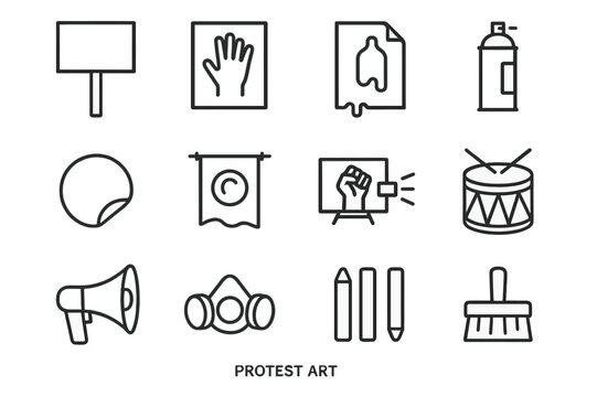 Protest Art Icons. Protest art. Line icon set of protest art: placard, stencil, wheatpaste poster, spray can, sticker, banner drop, projection mapping, drum,