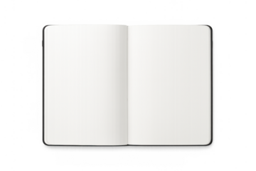 Open blank notebook with empty white pages for writing and design on a transparent background
