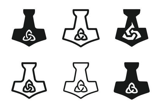 Mystical Deity Logos. Ancient gods and goddesses in a mystical landscape. Set Logo of Ancient gods and goddesses in a mystical landscape: Thor Mjolnir hammer.