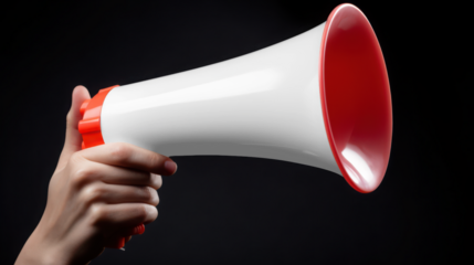 Transparent closeup of a hand holding a red and white megaphone, ready to make an announcement or amplify a message, set against a stark black background mockup 