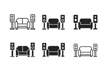 Obraz premium Home Theater Logos. Installing a new home theater sound system. Set Logo of Installing a new home theater sound system: home couch with speakers. Icon set.