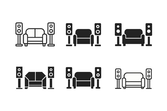 Home Theater Logos. Installing a new home theater sound system. Set Logo of Installing a new home theater sound system: home couch with speakers. Icon set.