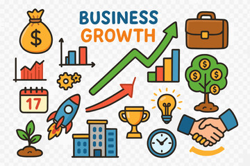Naklejka premium Colorful Business Growth Illustration. Business growth. Colorful Hand-drawn doodle Children illustration Business growth arrow chart, money bag, tree with
