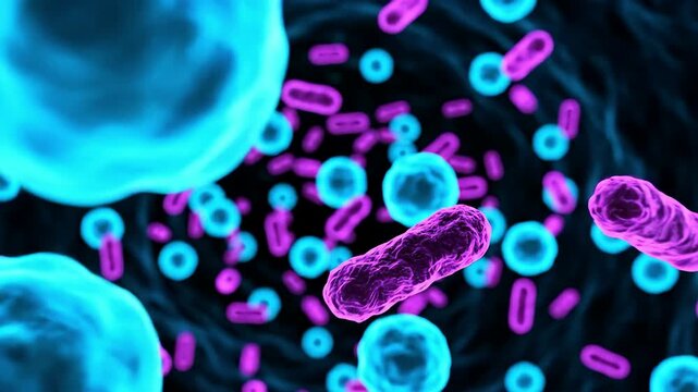 Microscopic view of glowing blue and pink cells and bacteria floating in dark fluid abstract