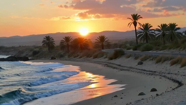 Aerial Drone Shot Capturing the Scenic Beauty of a Sun Rising Over the Waves of a Coastal