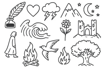 Fototapeta premium Romantic Symbols Doodles. Romanticism in poetry and prose. Hand-drawn doodle illustration Romanticism in poetry and prose quill, heart, storm cloud, lightning,