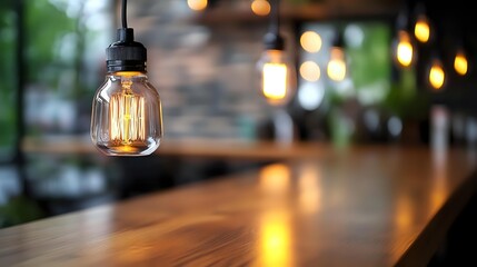 Vintage Edison bulb hanging over wooden bar counter with warm ambient lighting creating cozy atmosphere in blurred restaurant interior.