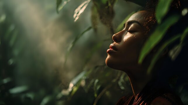 Young woman with closed eyes surrounded by lush green foliage in atmospheric sunlight, creating a serene nature connection moment for wellness and mindfulness content. - Powered by Adobe