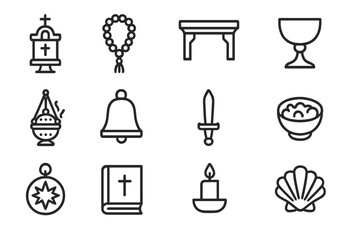 Ritual Icons Set. Ritual and religious relics. Line icon set of ritual and religious relics: reliquary, prayer bead, altar fragment, chalice, incense thurible,