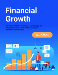 Financial growth business analytics man analyzing bar chart upward arrow office workspace blue background website banner